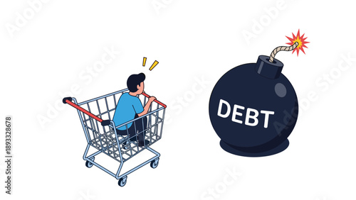 Man sitting in a shopping cart moving towards a large black bomb labeled debt, symbolizing financial danger and risk.