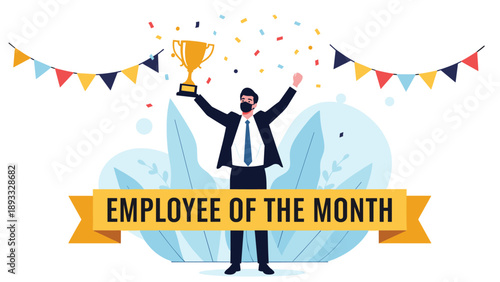 Successful male employee wearing a face mask and holding a golden trophy as the recognized employee of the month.