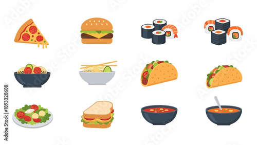 Flat Vector Food Icon Collection Featuring Pizza, Cheeseburger, Sushi, Tacos, Salad, Sandwich, and Soup Bowls for Restaurant Menu Design and Culinary Graphics.