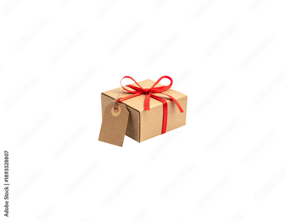 Fototapeta premium A gift box, wrapped in gold ribbon and tied with a beautiful bow, is placed on a white background