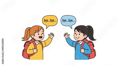 Two young schoolgirls with backpacks waving and saying goodbye to each other with speech bubbles in a simple scene.