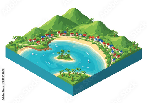 Isometric 3D view illustration of a Caribbean-inspired island landscape with turquoise water, sandy beaches, palm trees, hills, and coastal villages
