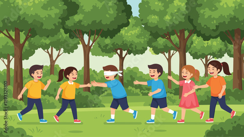 Group of happy children playing a game of blind man's bluff together in a lush green park surrounded by trees.