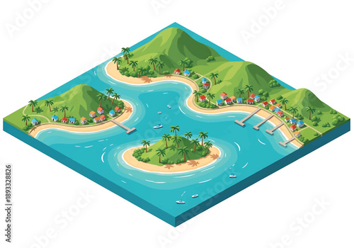Isometric 3D view illustration of a Caribbean-inspired island landscape with turquoise water, sandy beaches, palm trees, hills, and coastal villages