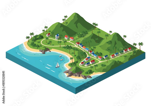 Isometric 3D view illustration of a Caribbean-inspired island landscape with turquoise water, sandy beaches, palm trees, hills, and coastal villages