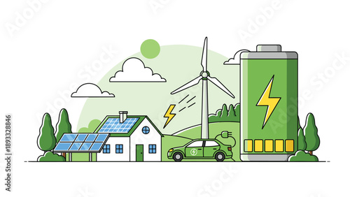 Sustainable living concept featuring a house powered by solar panels and wind energy with an electric car and battery.