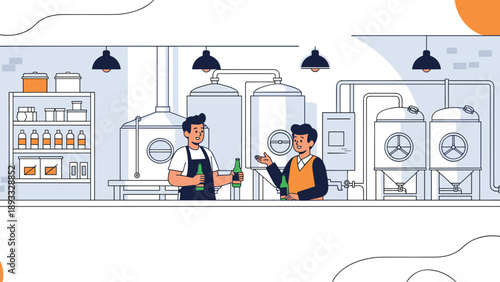 Two brewery workers discussing production while holding beer bottles in a modern craft brewery facility with tanks.