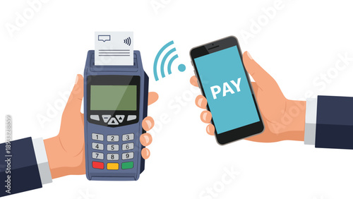 Modern contactless payment process using a smartphone app and a wireless point of sale terminal for a transaction.
