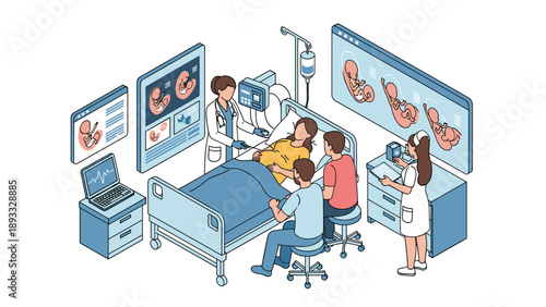 Pregnant woman in a hospital bed receiving care from doctors and nurses with ultrasound monitors showing the fetus.