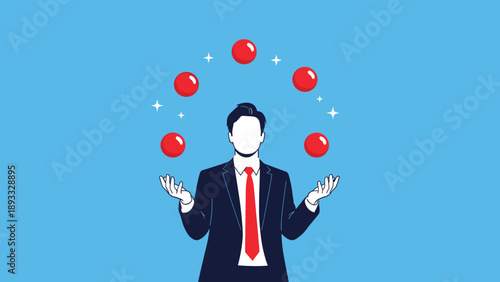 Businessman in a dark suit skillfully juggling several red balls against a solid blue background for multitasking.