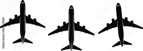 airplane, silhouettes, aircraft, aviation, flight, travel, transport, jet, commercial, airplane, top, view, black, white, vector, illustration, icon, design, collection