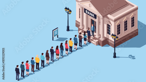 Large group of people forming a long queue outside a traditional bank building waiting for financial services.