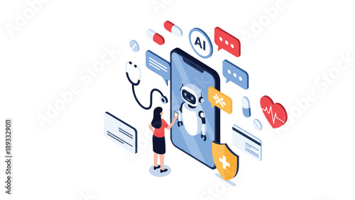 Digital healthcare concept showing a woman consulting an AI medical robot on her smartphone screen for advice.