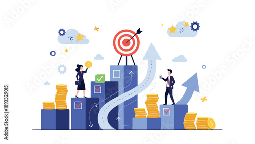 Business achievement concept with people working towards a target goal on a rising financial growth bar chart.