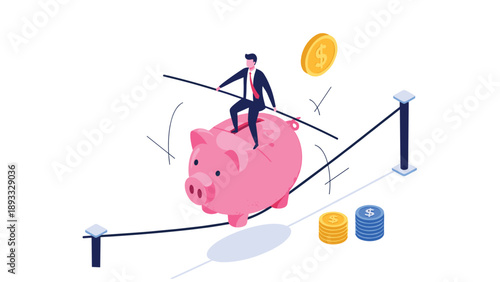 Businessman balancing on a tightrope while riding a giant pink piggy bank to represent financial risk management.