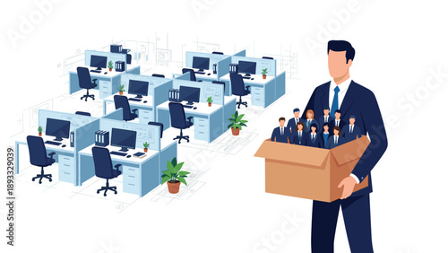 Large businessman carrying a box of miniature employees away from a vacant office space for a layoffs concept.