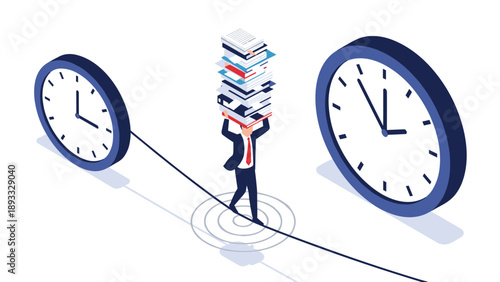 Businessman balancing on a tightrope between two large clocks while carrying a heavy stack of office documents.