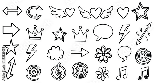 Hand drawn black and white icons set of love, music, travel, and success symbols for business and design
