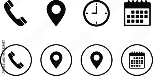Contact and information icons set including phone location clock and calendar symbols for communication and scheduling interfaces