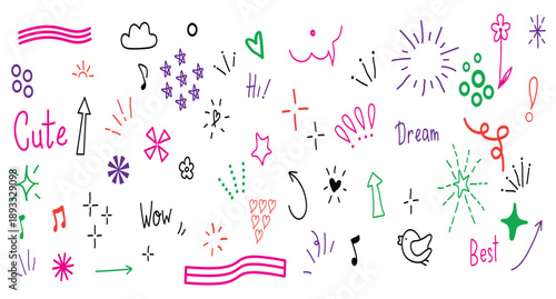 Hand drawn cute doodle icons set with motivational words and symbols for creativity and positivity