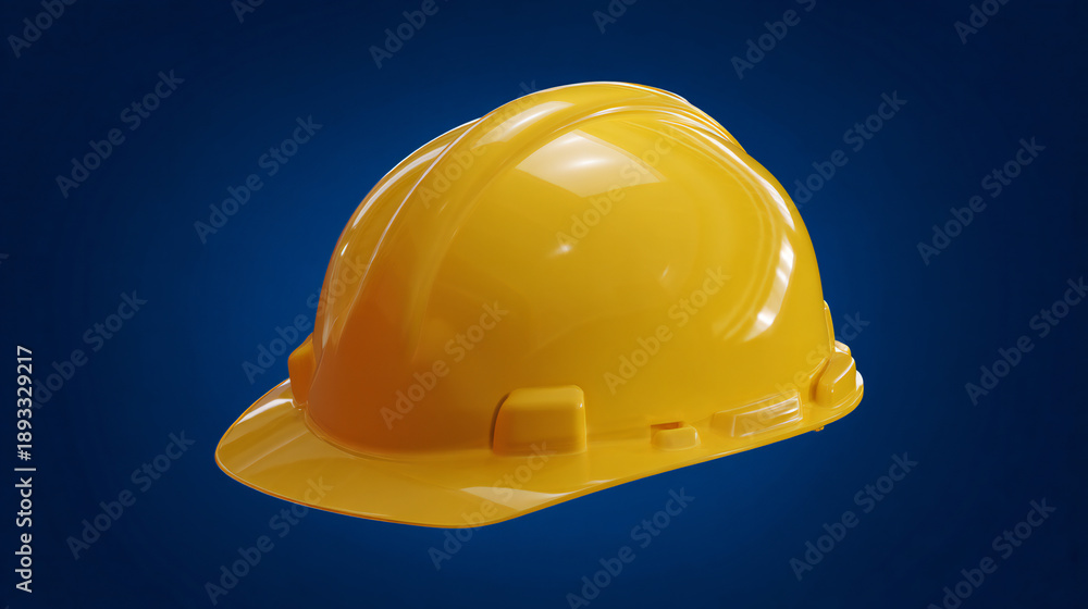 Fototapeta premium Bright yellow hard hat centered on a dark blue background, symbolizing safety and construction. A single, vibrant yellow construction helmet is presented against a deep blue gradient backdrop.