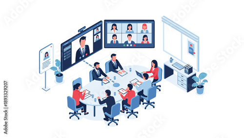 Corporate team holding a hybrid business meeting in a conference room equipped with large screens for video conferencing with remote colleagues.