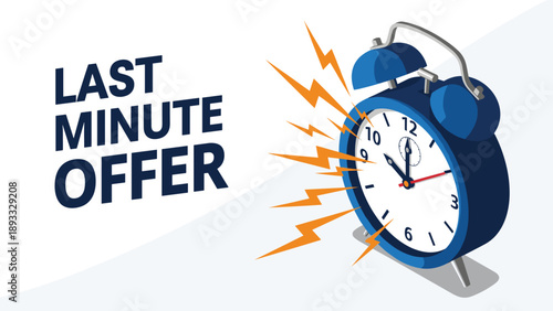 Large blue alarm clock ringing loudly with lightning symbols to indicate an urgent last minute offer or a fast approaching deadline for sales.