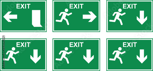 Emergency exit signage icons set with running man arrows indicating evacuation directions safety compliance standards building public facilities