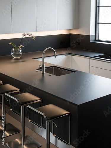 Modern Kitchen Island with Stools and Sink.