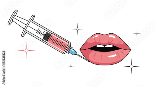 Medical syringe containing pink liquid being applied to a pair of full lips to illustrate a cosmetic enhancement procedure such as lip fillers.