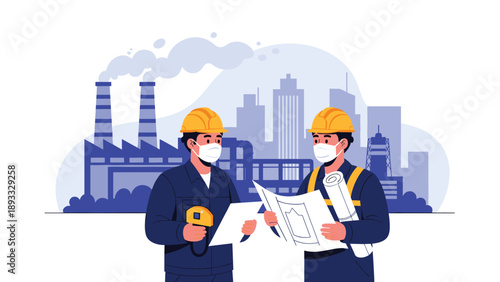 Industrial engineers wearing protective masks and hard hats while reviewing blueprints in front of a large power plant and city skyline.