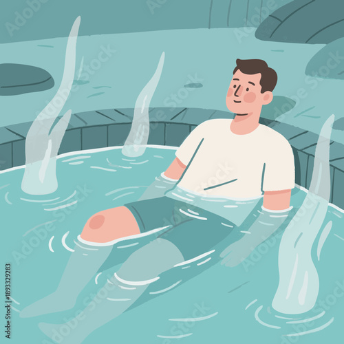 A simple illustration of a man relaxing in a hot spring. Steam. Promotes blood circulation. Relaxation, bathing habit. Hot spring trip.