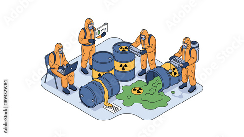Emergency response team in protective hazmat suits cleaning up a toxic radioactive spill from leaking yellow and blue barrels at a site.