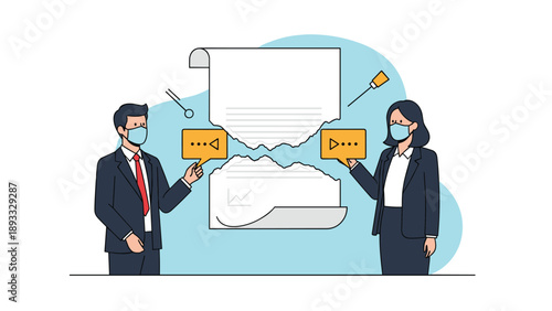 Two business professionals wearing face masks holding the halves of a torn paper document representing a broken contract or legal dispute.