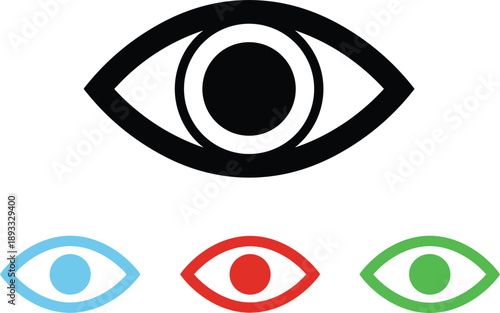 Eye icon set in multiple colors representing vision visibility view surveillance and user interface observation concepts