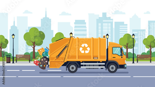 Yellow garbage truck driving through a clean city neighborhood to collect household waste and recyclables from resident trash containers.