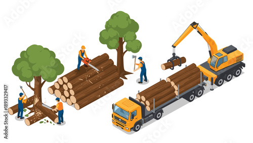Industrial logging operation in a forest with workers using chainsaws and heavy machinery to cut trees and load timber logs onto a transport truck.