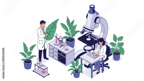 Botany researchers in a professional laboratory setting using a microscope and digital tools to study plant biology and environmental science.