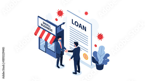 Small business owner receiving a loan approval from a bank representative to support their enterprise during a global health crisis or pandemic.