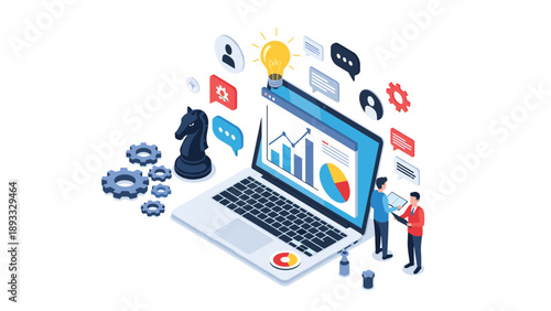 Financial analysts using business intelligence tools on a laptop to develop corporate strategies through data visualization and market research.