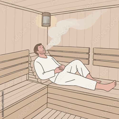 A simple illustration of a man relaxing in a sauna. Steam. Promotes blood circulation. Sauna lifestyle. Nordic style. Relaxation, habit.