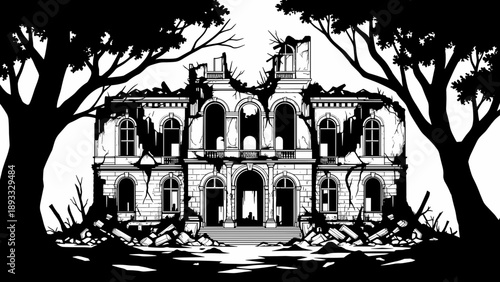 Gothic Ruin: An imposing, yet haunting, illustration depicts the shell of an opulent structure, its once grand facade  sketch illustration of the old architecture and silhouette of 