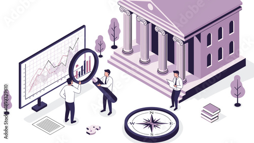 Financial auditors using a magnifying glass to inspect corporate records and economic data in front of a government or banking institution.