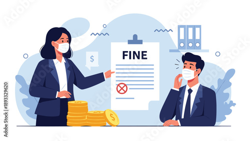 Legal professional in a face mask issuing a fine to an individual for a violation of safety protocols or business regulations during a pandemic.