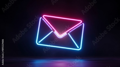 Single Large Neon Email Envelope Icon Glowing with Blue and Pink Gradient Light Effect on Dark Background for Digital Communication Design