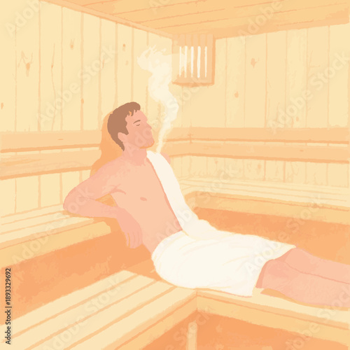 A simple illustration of a man relaxing in a sauna. Steam. Promotes blood circulation. Sauna lifestyle. Nordic style. Relaxation, habit.