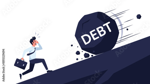 Desperate businessman running away from a massive rolling boulder labeled with debt representing the heavy pressure of financial burden.