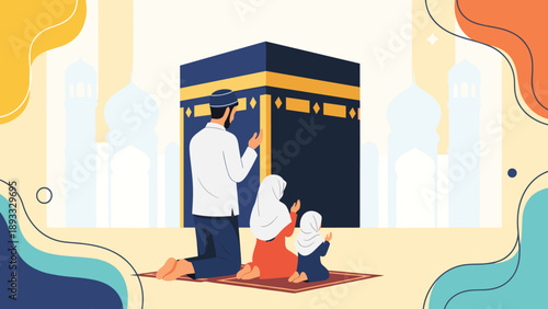 Religious family praying in front of the holy Kaaba in Mecca representing a spiritual Hajj or Umrah pilgrimage in the Islamic tradition.