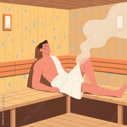 A simple illustration of a man relaxing in a sauna. Steam. Promotes blood circulation. Sauna lifestyle. Nordic style. Relaxation, habit.