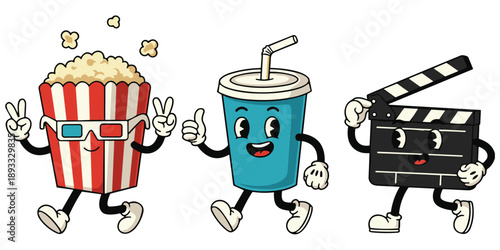 Cartoon movie popcorn cup soda cup and clapperboard characters walking cinema film